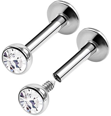 KJM FASHION 2 Stk Chirurgenstahl Labret 1,2 mm 16 g Klar Kristallkugel Madonna Lippen Snake Bites Ohrringe Knorpel Piercing Schmuck 0273