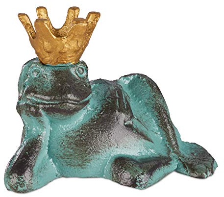 Relaxdays Gartenfigur Froschkönig, wetterfest, liegender Frosch, mit Krone, Dekofigur, Balkon, Gusseisen, Größe M, grün