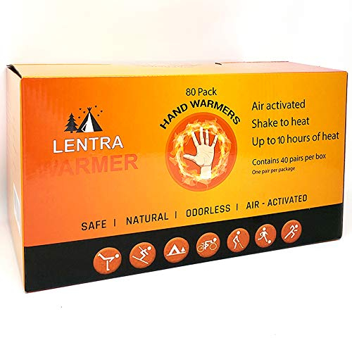 Lentra Hand Warmers 80 Count - Safe and Odorless Single Use Air Activated Heat Packs for Hands, Toes and Body - Up to 10 Hours of Heat - TSA Approved