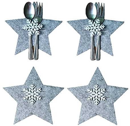 tacery Weihnachtsbesteckhalter,Fünfzackiger Stern Bestecktasche - Besteckhalter-Taschen-Set, weihnachtliche Tischdekoration