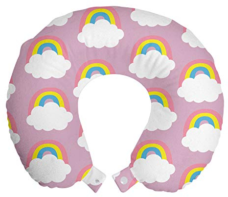 ABAKUHAUS Regenbogen Reisekissen Nackenstütze, Weichen Wolken Cartoon Nursery, Schaumstoff Reiseartikel für Flugzeug und Auto, 30x30 cm, Grau, Rosa und Multicolor