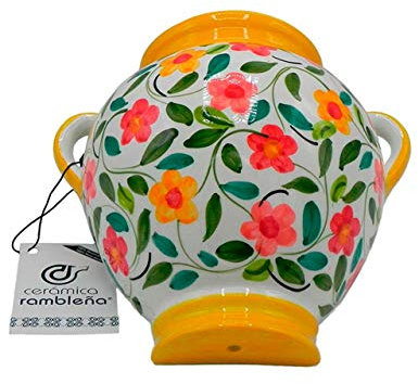 CERÁMICA RAMBLEÑA | Maceta Colgante orza | Maceta de Barro para Colgar | Maceta Pared | Amarillo y Blanco | 100% Decorada a Mano | 24x24x16 cm