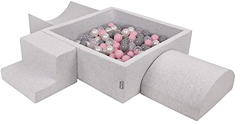 KiddyMoon Spielplatz Aus Schaumstoff Mit Quadrat Bällebad (200 Bälle) Ballgruben Für Babys Spielbad Hindernisläufen, Hergestellt In Der EU, Hellgrau:Perle/Grau/Transparent/Puderrosa