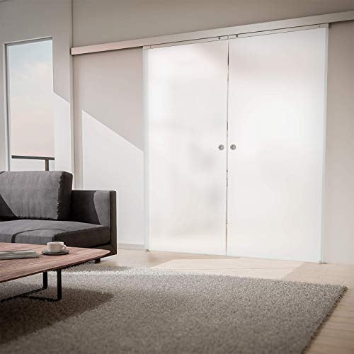inova Doppeltür Glas-Schiebetür 2-Flügelig 1510 x 2035 mm satiniert Alu Komplettset mit Lauf-Schiene und Griffmuschel beidseitige Einzugsdämpfung
