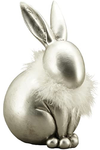 frühlingshafter putziger Osterhase aus Poly in mattsilber mit weißem fluffigem Federkragen (1 x mittel ca. 8 x 6,5 x 13 cm hoch)