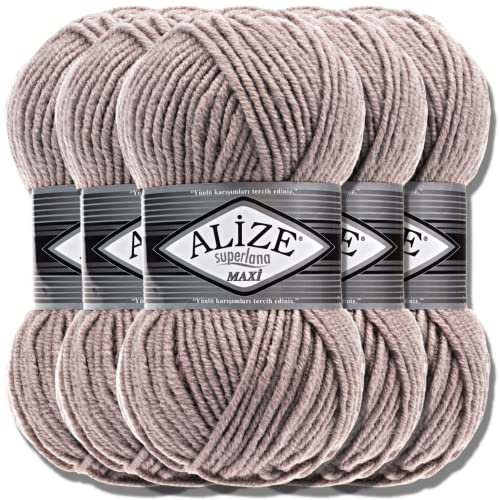 Alize 5 x 100g Superlana Maxi Türkische Premium Wolle Baumwolle und Acryl Uni Handstrickgarne | Yarn | Garn | Strickgarn Einfarbig Baby zum Häkeln Stricken Kleidung Schals (Mink | 541)