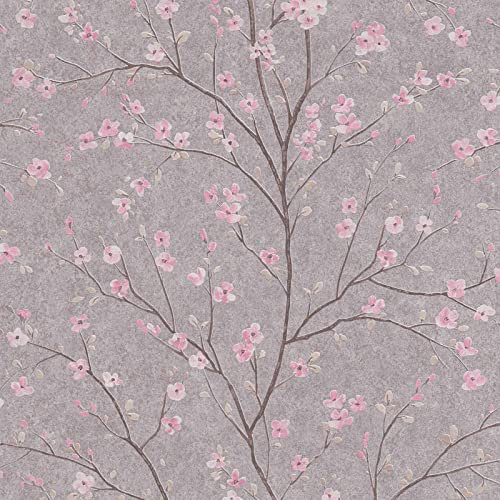 BRICOFLOR Japanische Tapete | Asiatische Tapete floral | Blumen Vliestapete mit japanische Kirschblüten Muster | Vlies Frühlingstapete grau rosa für Schlafzimmer und Kinderzimmer