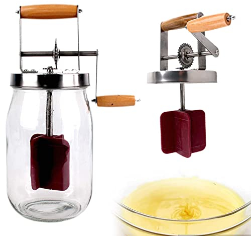 Churner de mantequilla con manivela manual, manual de madera, engranaje de acero inoxidable, fabricante manual de mantequilla, tarro de albañil para el hogar, cocina, hornear (1500ml)