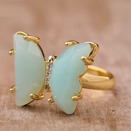 Damen Schmetterling Steinring Böhmen Mia Masun Rose Kristall Gelbgold Verstellbarer Ring Geschenkschmuck,Amazonit,17