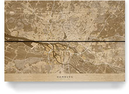artboxONE Holzbild 30x20 cm Städte/Hamburg Sepiakarte von Hamburg Deutschland von Künstler blursbyai