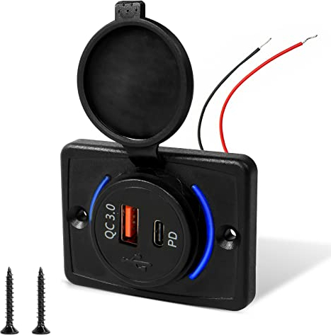 USB Steckdose Auto Ladegerät, Dual USB Type-A & Type-C Auto KFZ Ladegerät, PD + QC3.0 18W wasserdichte Schnelllade, 12V-24V USB Ladebuchse Panel, für Fahrzeuge KFZ Boot Motorrad Wohnmobil