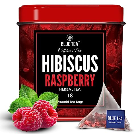 BLUE TEA - Hibiscus Raspberry Tea - 18 Biodegradable Tea Bags | SKIN GLOW ENHANCING TEA | Caffeine-Free | Vegan - Gluten Free - Non-GMO Herbal Tea | Eco-Conscious Tin Packaging