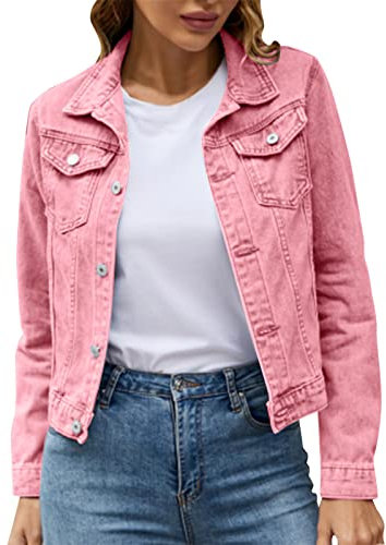 DECORN Veste en jean vintage pour femme - Veste courte mi-saison avec bouton décontracté à revers,rose, M
