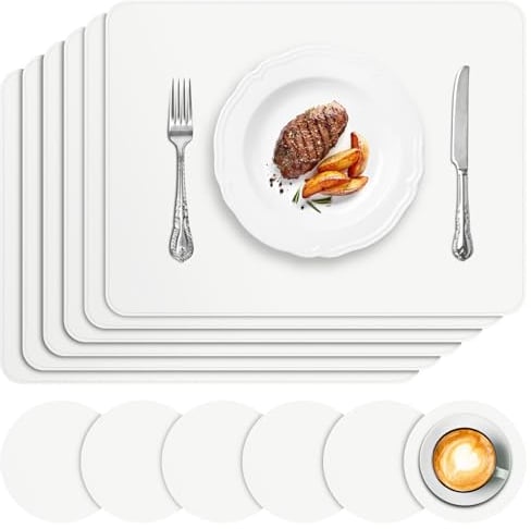 APLKER Lot de 12 Sets de Table Lavable, 6 Pièces Sets de Tables et 6 Pièces Dessous de Verres PVC Set de Table, Antidérapant Imperméables Résistant à la Chaleur, 16 x 12, Blanc