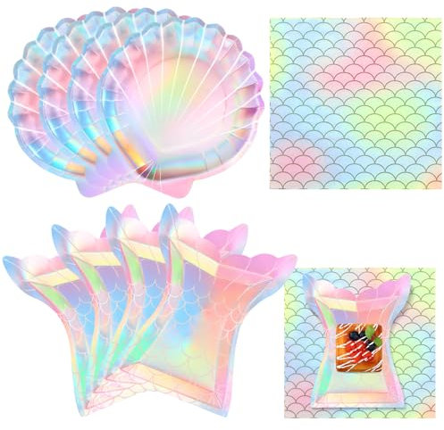 Gersoniel 40 Pcs Mermaid Party Supplies Set, 20 Clam Shell Plates and 20 Mermaid Scales Napkins Mermaid Party Decorations Disposable Mermaid Paper Plates and Napkins Seashell for Birthday Wedding