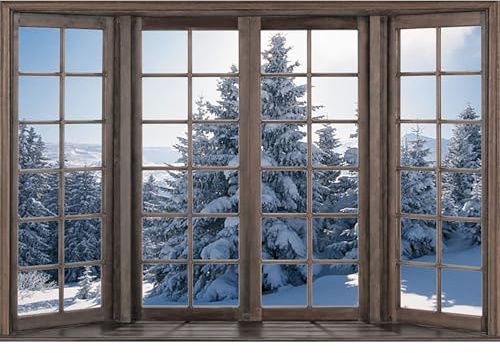 MIRRORANG 2,5x1,8m Winterlandschaft Hintergrund Fensteransicht Weihnachten Schnee Bäume Landschaft Fotografie Hintergrund Baby Party Dekorationen Porträt Kuchen Tisch Banner, Vinyl
