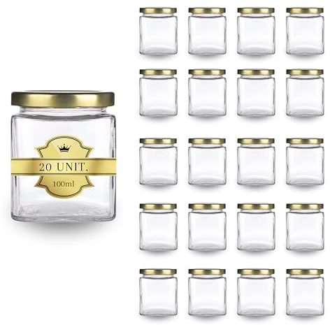 Espirito Rebelde 20 Pots en Verre Carrés pour Épices 100ml avec Couvercle Doré | Bocaux Rangement Cuisine | Épices, Confiture, Yaourt