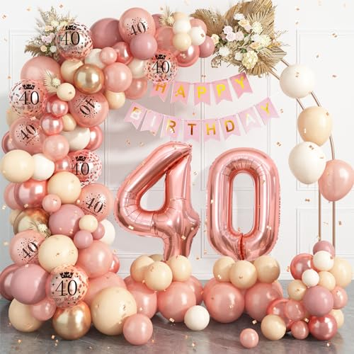 40th Birthday Decorations for Women,Rose Gold 40th Birthday Balloon Arch Garland Kit With Happy 40th Birthday Number 40 Foil Balloons,Happy Birthday Banner for Women 40th Birthday Party Decoration