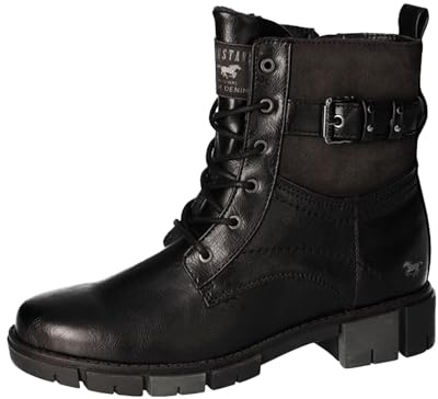 MUSTANG Damen Stiefelette warm gefütterter Schnürboot mit Schnalle 1443-601, Größe:39 EU, Farbe:Schwarz
