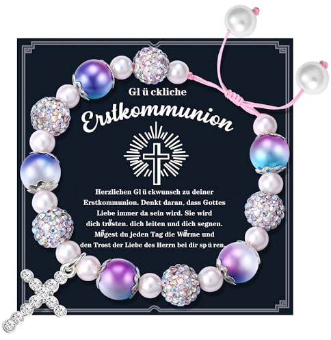 YADOCA Erstkommunion Armbänder für Mädchen Personalisierte Herz Kreuz Perlen Armbänder Mädchen Erstkommunion Geschenk Taufe Geschenk