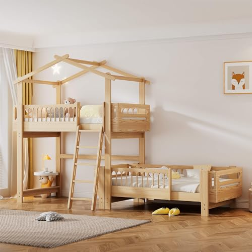 Etagenbett 90x200cm mit Dach und Rausfallschutz, Kinderbett, Doppelstockbett mit Lattenrost und Leiter, Bett für 2 Kinder, Bettgestell aus Kiefernholz, Ohne Matratze, Natur