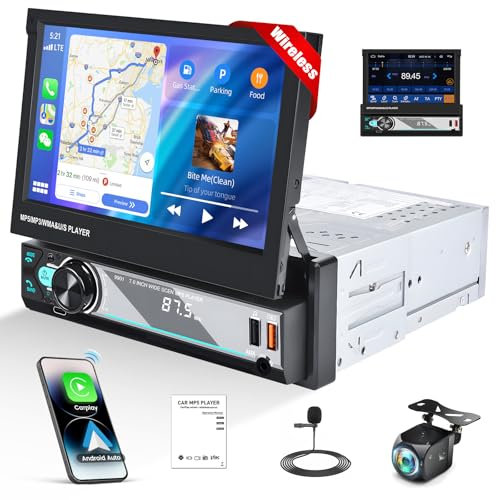 CAMECHO Autoradio 1 Din con Schermo con Senza Fili Carplay e Android Auto, 7 Pollici Schermo Tattile Estraibile Radio con Bluetooth 5.1 Mirror Link FM/AM/USB/TF/AUX SWC + Retrocamera&MIC