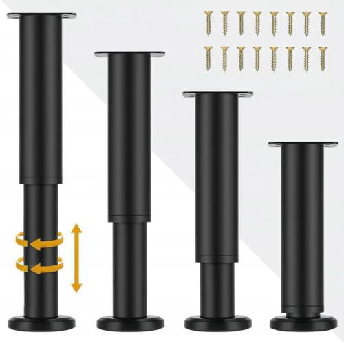 TELANKS 4er Set Möbelfüße Höhenverstellbar, Möbelfüße Verstellbar 18-32cm, Schwarz Metall Möbelbeine, Verstellbare Füße für Möbel Sofa Bett Nachttisch Schrank Kabinett