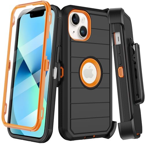 KECAI for iPhone 13 Mini Case with Built-in Screen Protector,Belt Clip Holster,Heavy Duty Shockproof Drop Protection Military Grade Durable Phone Cover with Kickstand for iPhone 13 Mini (Black Orange)