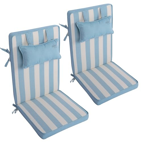 LILENO HOME Gartenstuhl Auflagen mit Kopfkissen [2er Set - Hochlehner] in Blockstreifen Aqua - Sitzauflagen für Gartenmöbel - Stuhlkissen für Gartenstühle und Klappstühle Dub