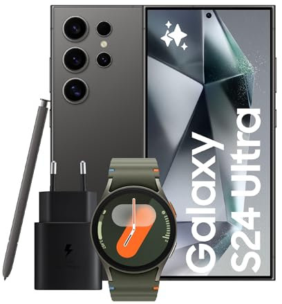 Samsung Galaxy S24 Ultra Smartphone AI, Caricatore incluso, Display 6.8'' QHD+, Fotocamera 200MP, RAM 12GB, 256GB, Titanium Black + Galaxy Watch7 40mm BT Smartwatch Fitness Tracker, Green 2024