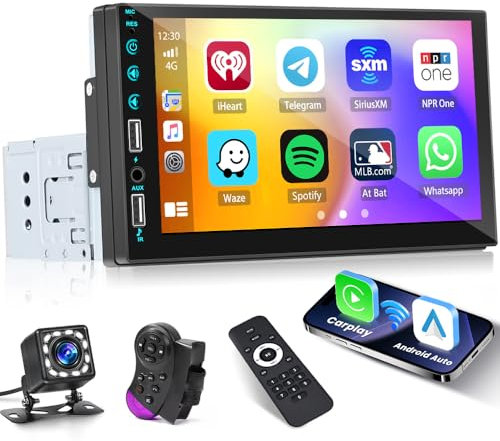 ikity Autoradio 1Din Wireless Carplay 7Zoll Touchscreen 1 Din Radio mit Android Auto Bluetooth-Freisprecheinrichtung FM AUX 2USB SWC Mirror Link Rückfahrkamera