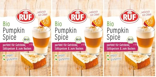 RUF Bio Pumpkin Spice Latte Würzmischung, Kürbispulver Gewürzmischung zum Verfeinern von Milch-Kaffee, Pumpkin Pie, Plätzchen, Porridge und Pancakes, vegan und glutenfrei, 1x10g (Packung mit 3)