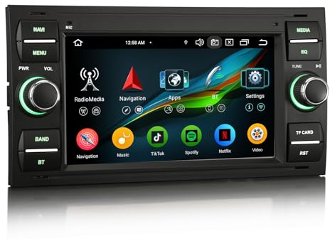 Erisin Android 16 Acht-Kern Autoradio 4GB+64GB Für Ford Focus C-Max S-Max Galaxy Kuga Fiesta Transit mit GPS Navigation CarPlay Android AUTO WiFi 4G Bluetooth AM/FM RDS Radio Touchscreen DAB+ DVR OBD2