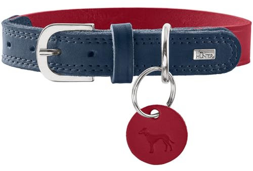 HUNTER Hundehalsband LEMVIG, Farbe: rot/dunkelblau, Leder, belastbar & strapazierfähig, angenehm weich, komfortabel, elegant & trendig, Made in Germany, Größe: 65