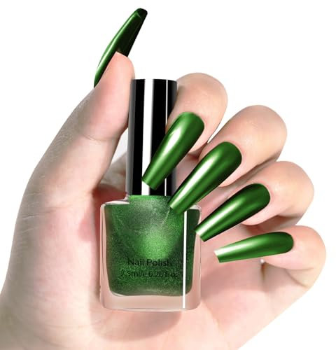 Green Nail Polish, Metallic Green Nail Varnish with 3D Mirror Effect, Quick Dry Dark Green Nail Polish, Long Lasting Metallic French Nail Gel For Chrome Nail Art DIY, No Need Cure