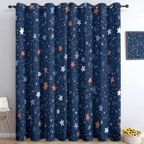 Gardinen Wohnzimmer Vorhang Dunkelblau Blickdicht Verdunkelungsvorhänge 3D Druck Sammelalbum Nachthimmel Sterne Ösenvorhang H214 x B91.5 cm 2Er Set Kinderzimmer Schlafzimmer Ösenschal Schallschutz