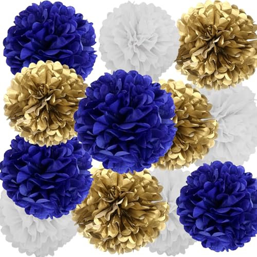 We Moment Zone 12 Stück Papier Pompons Set,Blau Gold Weiß Pom Poms Papier für Geburtstag Abschluss Party Deko