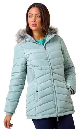 Roman Originals Quilted Padded Coat for Women UK - Ladies Parka Winter Jacket Faux Fur Trim Hooded Short Autumn Waterproof Water Resistant Everyday Holiday Comfy Work - Light Sage - Size 16