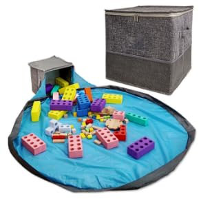 Yunkctuk Toy Storage Organizer for Lego with Play Mat and Lid, Cube Storage Basket with Handles, Foldable Storage Bins for Toys, Books, Clothing, Building Blocks, Grey