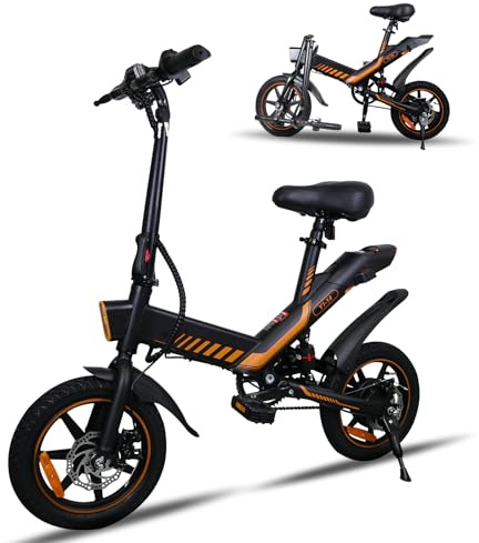 YOBACARID Elektrofahrräder Klappbar, 14 Zoll (35,6 cm), 250 W, Motor 36 V, 10,4 Ah, Akku, Autonomie von 35 – 40 km, Klapprad, Stadtfahrrad, E-Bike für Erwachsene und Jugendliche (Schwarz-Orange)