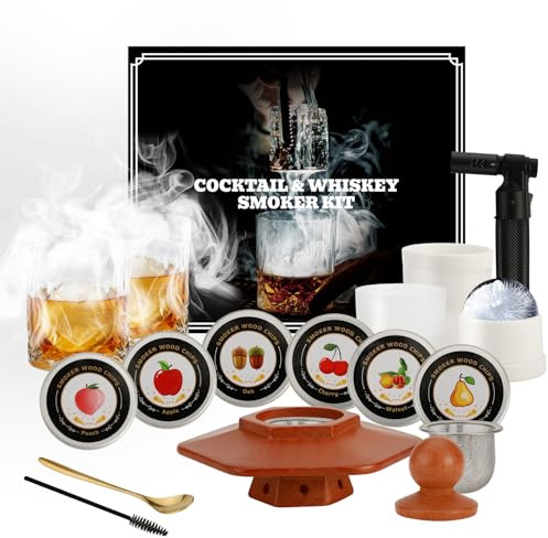 Cocktail Smoker Kit with Torch - 6 Flavors Wood Chips, 2 Glasses, 2 Ice Ball Molds - Whiskey Smoker Infuser Kit, Old Fashioned Drink Smoker Kit, Birthday Bourbon Whiskey Gifts for Men,Dad