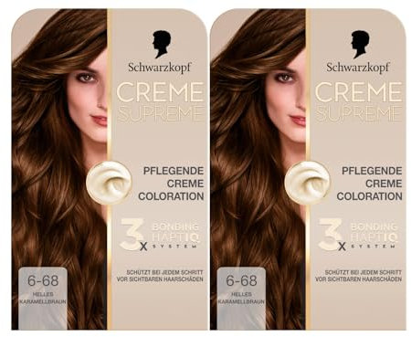 Schwarzkopf Creme Supreme Coloration 6-68 Helles Karamellbraun (2x182 ml), dauerhafte Haarfarbe mit Serum und Haar-Maske schützt vor sichtbaren Haarschäden, für 100% Grauabdeckung