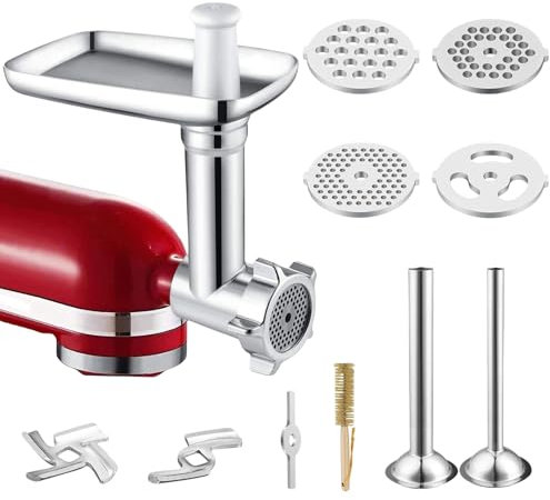 Meat Grinder Attachment for KitchenAid Stand Mixer, Stainless Steel Food Grinder Attachment for Kitchen Aid Accessory Set with 2 Sausage Stuffing Horns, 2 Grinding Blades, 4 Grinding Disc, Brush
