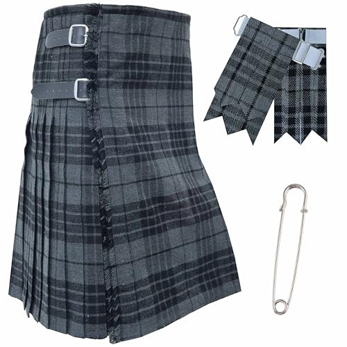 Kilt da uomo – Tradizionale tartan scozzese 4,5 m, lana acrilica di alta qualità, realizzato a mano con 3 cinturini in pelle, include flash per kilt e spilla da kilt