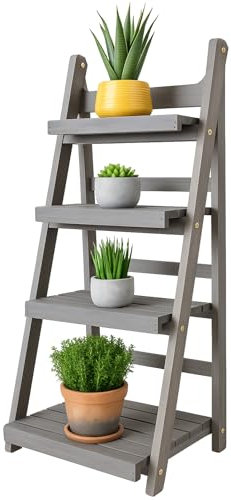 RANRHA 4-Tier Wooden Ladder Plant Stand – Weathered Gray A-Frame Shelf for Indoor & Outdoor Use, Solid Wood Slatted Display Rack for Garden, Patio, or Balcony