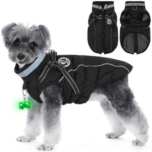 HezzLuv Hundemantel Winter, Hundemantel Wasserdicht, Warme Hundejacke mit Geschirr, Reflektierende Streifen, LED-Leuchtkragen, Winterjacken & Wintermäntel für Kleine, Mittelgroße Hunde