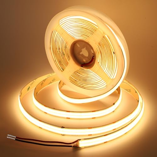 BERIXDEEP 12mm COB LED Streifen 5m Warmweiß, 24v, 3000K, Ohne Netzteil | LED Strip Dimmbar für Küche, Schlafzimmer, Unterbau, Innenbereich, 2 Reihen 600 LEDs/m, 24w/m, 90lm/w, CRI 92+, Kürzbar