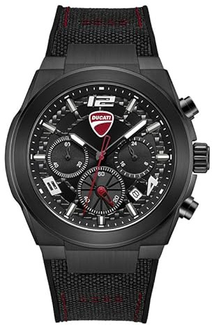 Ducati DT014 Herren-Chronograph, schwarzes Zifferblatt, schwarzes Silikon-Nylonband, 41 mm