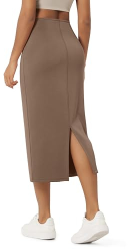 ODODOS Modal Soft Midi Skirt for Women Back Slit High Waist Casual Long Pencil Skirts with Pockets, Nutria, Medium