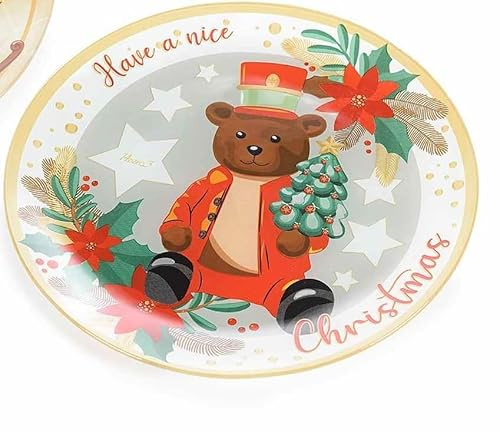 Generico Piatto Natalizio in Vetro Decorato – 2 Fantasie (Orsetto o Albero di Natale) – Ø 30 cm – Piatto da Portata o Centrotavola (ORSO)